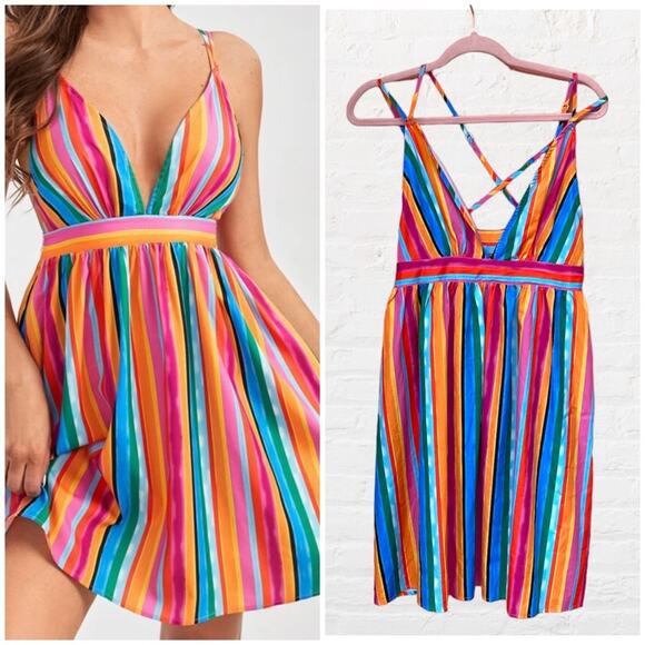 SHEIN Tall Vertical Striped Crisscross Back Cami Dress - Picture 1 of 8